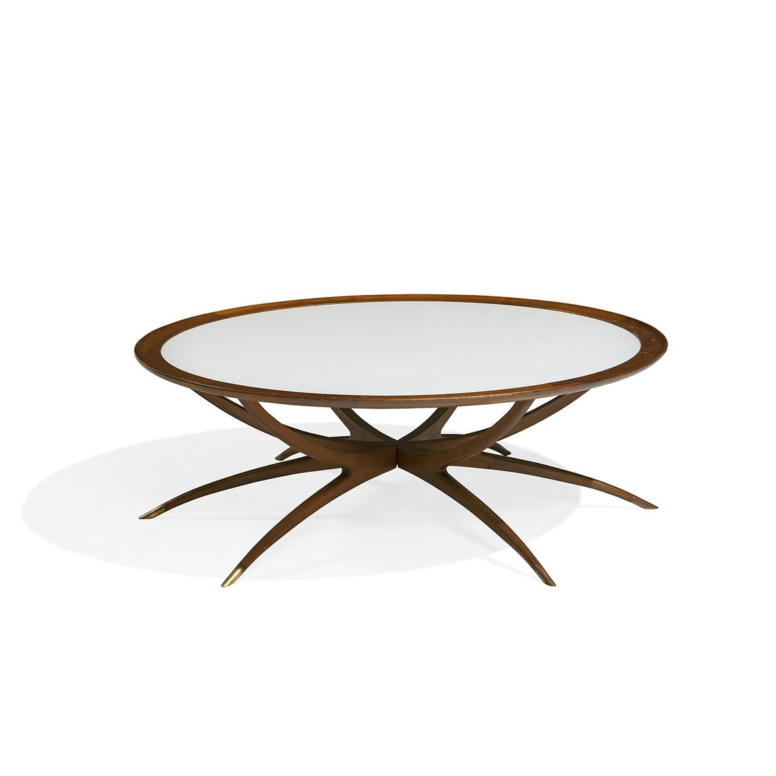 Poul Thorsbjerg Jensen for Selig coffee table: Poul Thorsbjerg Jensen (1922-2006) for Selig Spider coffee table Denmark, circa 1960 white vitrolite, stained birch, brass unmarked 44 3/4"dia x 16"h