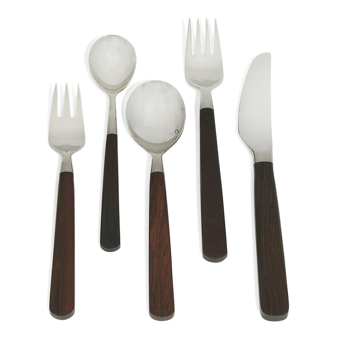Bertel Gardberg for Hackman flatware: Bertel Gardberg (1916-2007) for Hackman Lion De Luxe flatware, service for six Helsinki, Finland, 1958 rosewood, stainless steel stamped 'Hackman Finland 18/8" 30 pieces: (6) dinner forks, (6) salad f
