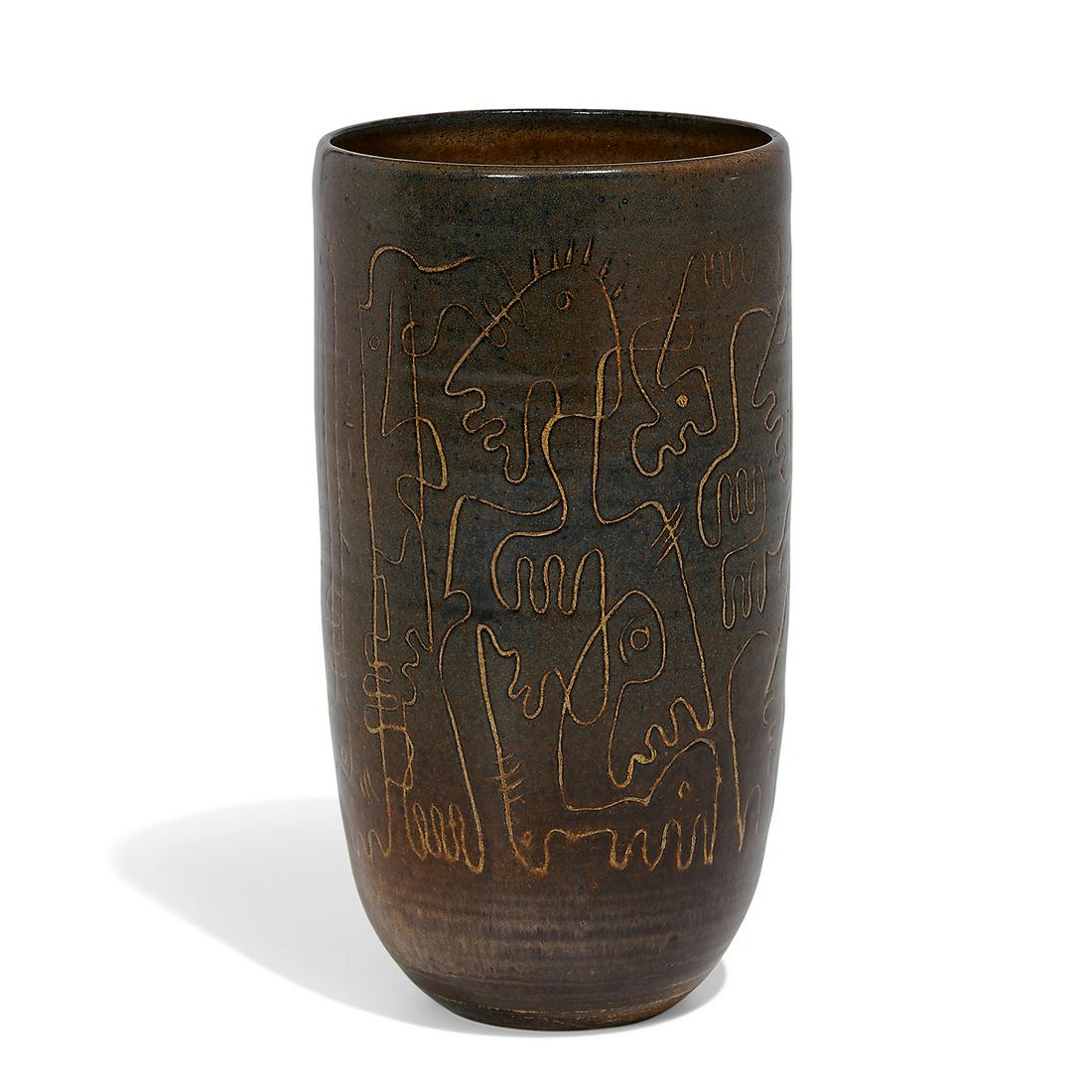 Edwin Scheier & Mary Scheier vase: Edwin Scheier (1910-2008) & Mary Scheier (1908-2007) vase decorated with abstract figures Durham, New Hampshire, 1960s glazed ceramic incised signature 4 1/4"dia x 8 3/4"h