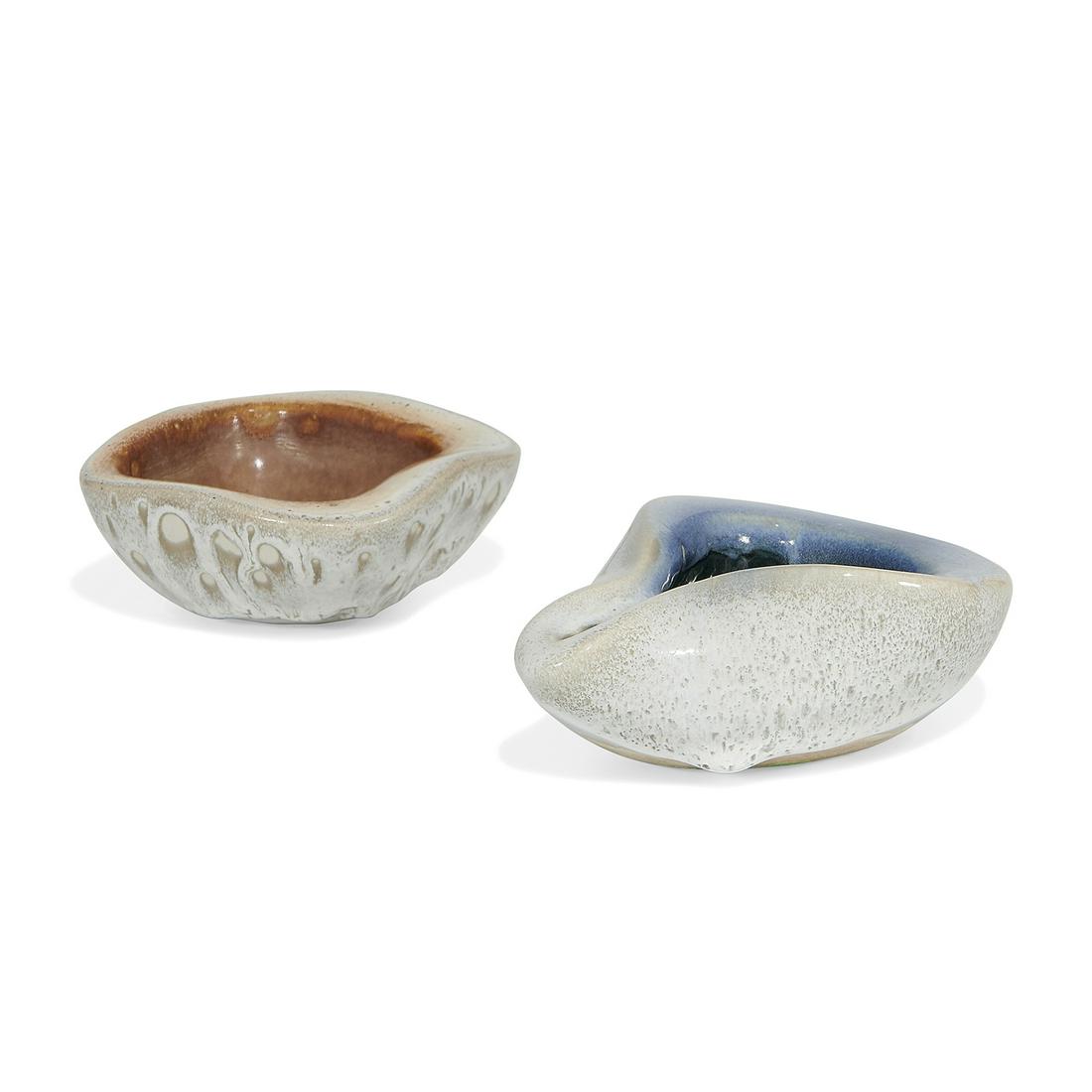 Russel Wright for Bauer bowls: Russel Wright (1904-1976) for Bauer bowls, two Los Angeles, California, circa 1945 glazed ceramic incised signature square bowl: 5 3/16"w x 5 3/8"d x 2 5/16"h; pinched bowl: 6 5/8"w x 5"d x 2"h