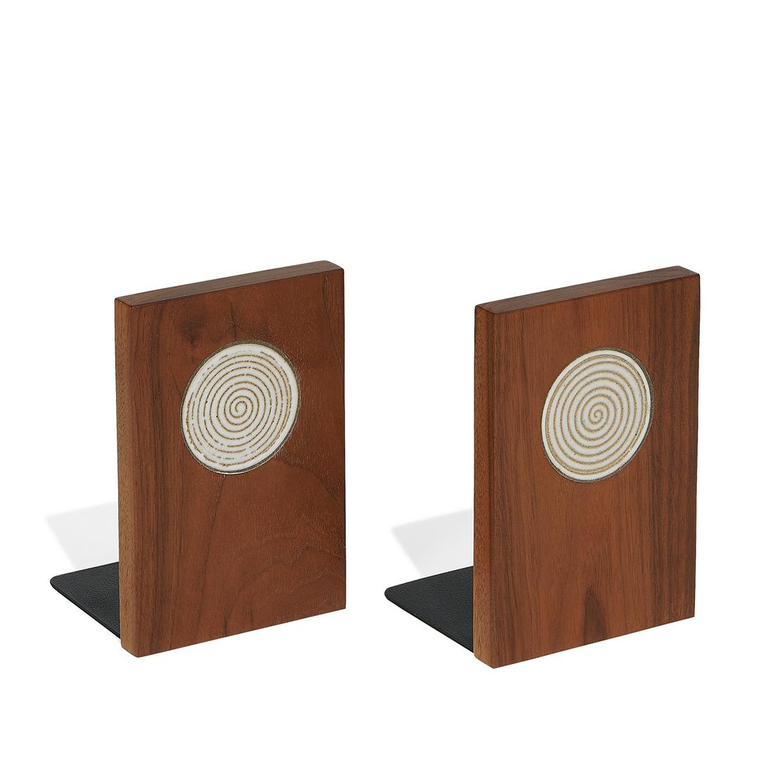 Gordon Martz & Jane Marshall Martz bookends: Gordon Martz (1924-2015) & Jane Marshall Martz (1929-2007) for Marshall Studios bookends, pair Veedersburg, Indiana, circa 1960 walnut, glazed ceramic tile, steel unmarked each: 4 3/4"w x 4 3/8"d x 7"