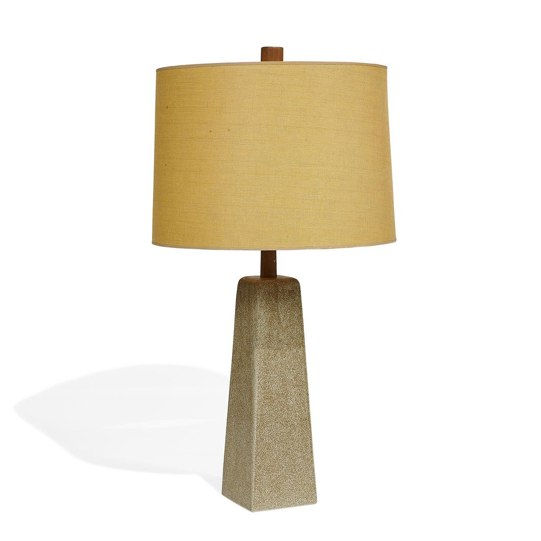 Gordon Martz & Jane Marshall Martz table lamp: Gordon Martz (1924-2015) & Jane Marshall Martz (1929-2007) for Marshall Studios table lamp Veedersburg, Indiana, 1960s glazed ceramic, walnut signed 'Martz' 17 1/4"dia x 32 1/2"h