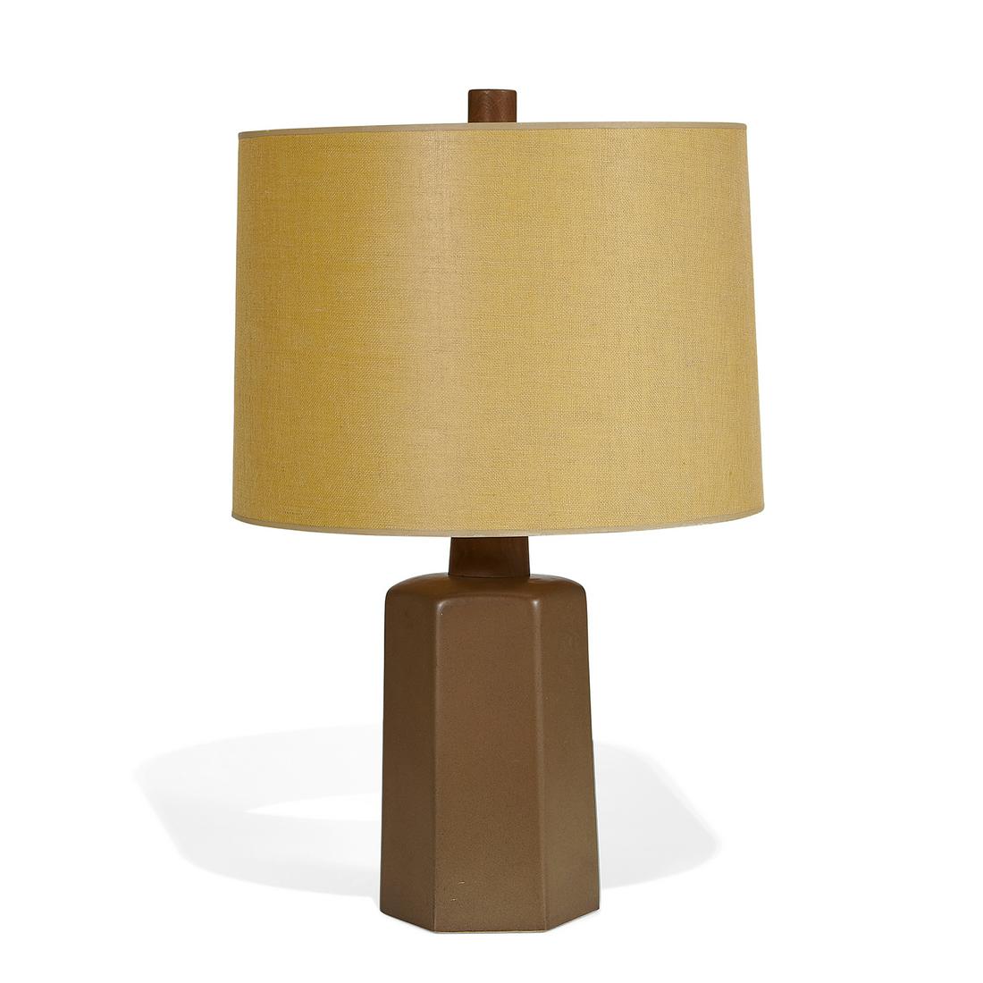 Gordon Martz & Jane Marshall Martz table lamp: Gordon Martz (1924-2015) & Jane Marshall Martz (1929-2007) for Marshall Studios table lamp, model M104-30 Veedersburg, Indiana, 1960s glazed ceramic, walnut, cloth shade signed 'Martz' 17 1/4"dia x 27