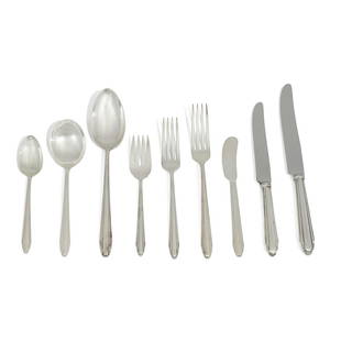 Eliel Saarinen for Reed & Barton flatware: Eliel Saarinen (1873-1950) for Reed & Barton Candide flatware, service for eight Taunton, Massachusetts, 1929 silverplate, stainless steel impressed marks 75 items: (8) dinner forks, (8) luncheon fork