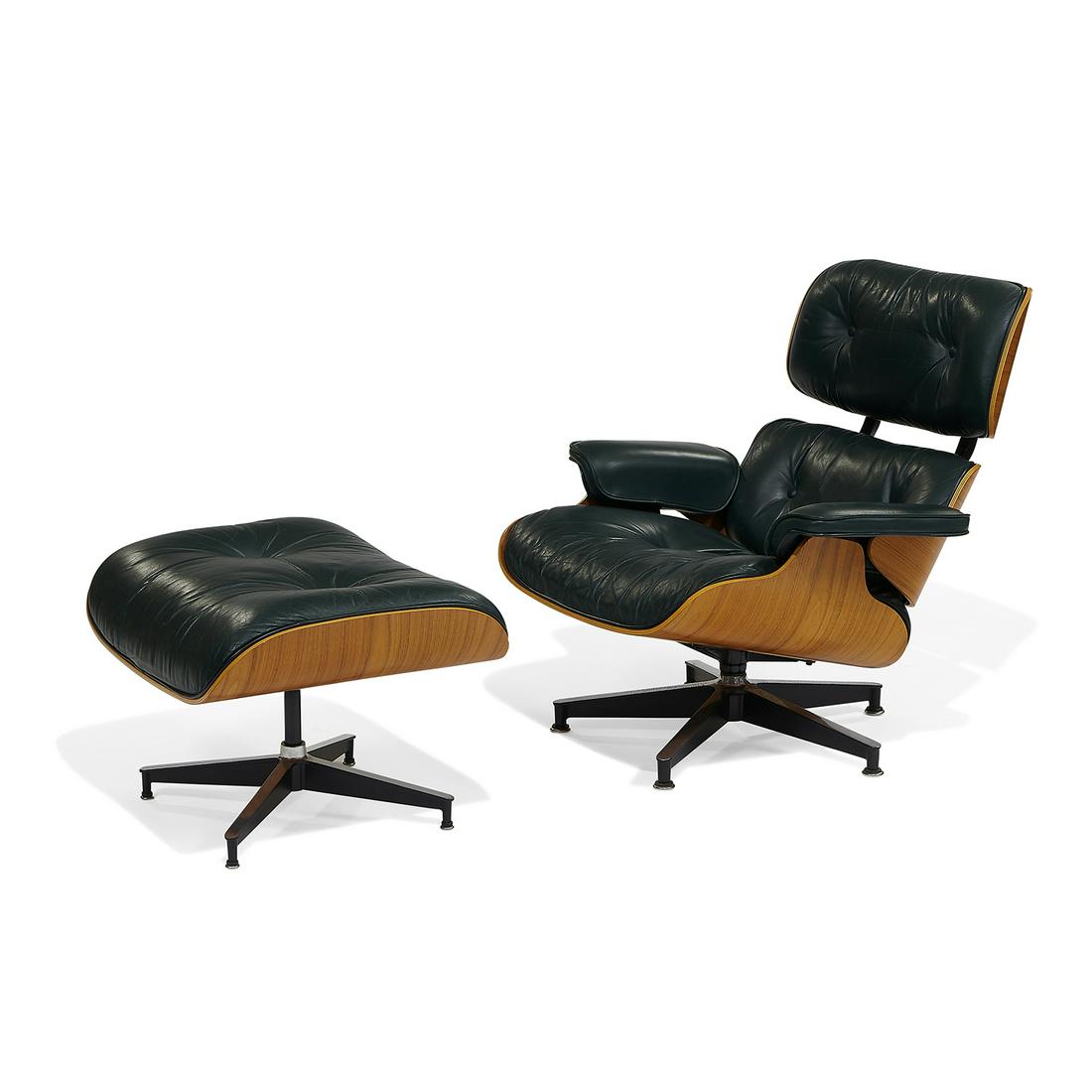 Charles & Ray Eames lounge chair and ottoman: Charles Eames (1907-1978) & Ray Eames (1912-1988) for Herman Miller 670 / 671 lounge chair and ottoman Zeeland, Michigan, circa 1980 walnut, dark green leather, aluminum Herman Miller tags to each cha