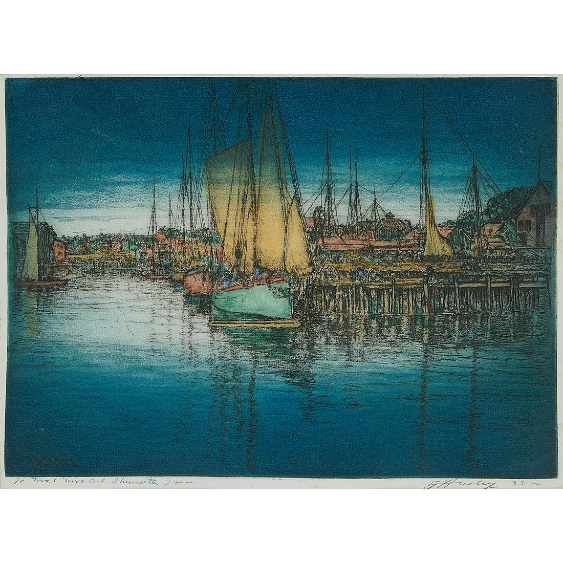 E.T. Hurley, Docked Fishing Boats, with 3 cards: E.T. Hurley(American, 1869-1950)Docked Fishing Boats, 1935; together with three small Christmas cards from 1938, 1939 and 1940hand colored etchingsigned and dated in pencil in margin; each card signed