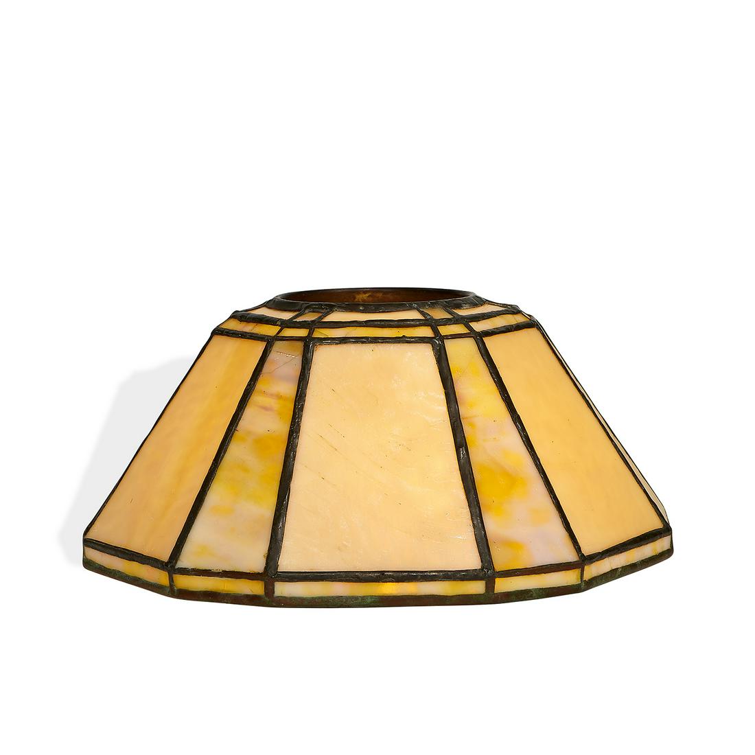 Tiffany Studios 12-panel shade, #1587: Tiffany Studios 12-panel shade, #1587 New York, New York leaded yellow mottled glass stamped marks, numbered 11 1/4"w x 10 1/2"d x 5"h