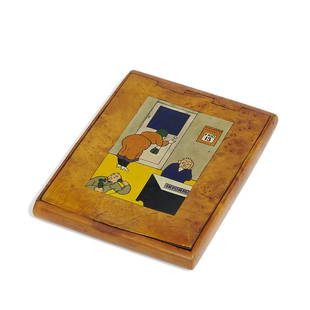 Possibly J. Lambert-Rucki & J. Dunand cigarette case: Possibly Jean Lambert-Rucki (1887-1967) & Jean Dunand (1877-1942)cigarette caseFrance, 1930sburled-maple with lacquer inlaystamped mark "TLW or TVW (in a triangle) / Made in France / Deposé"3 1/2"w x