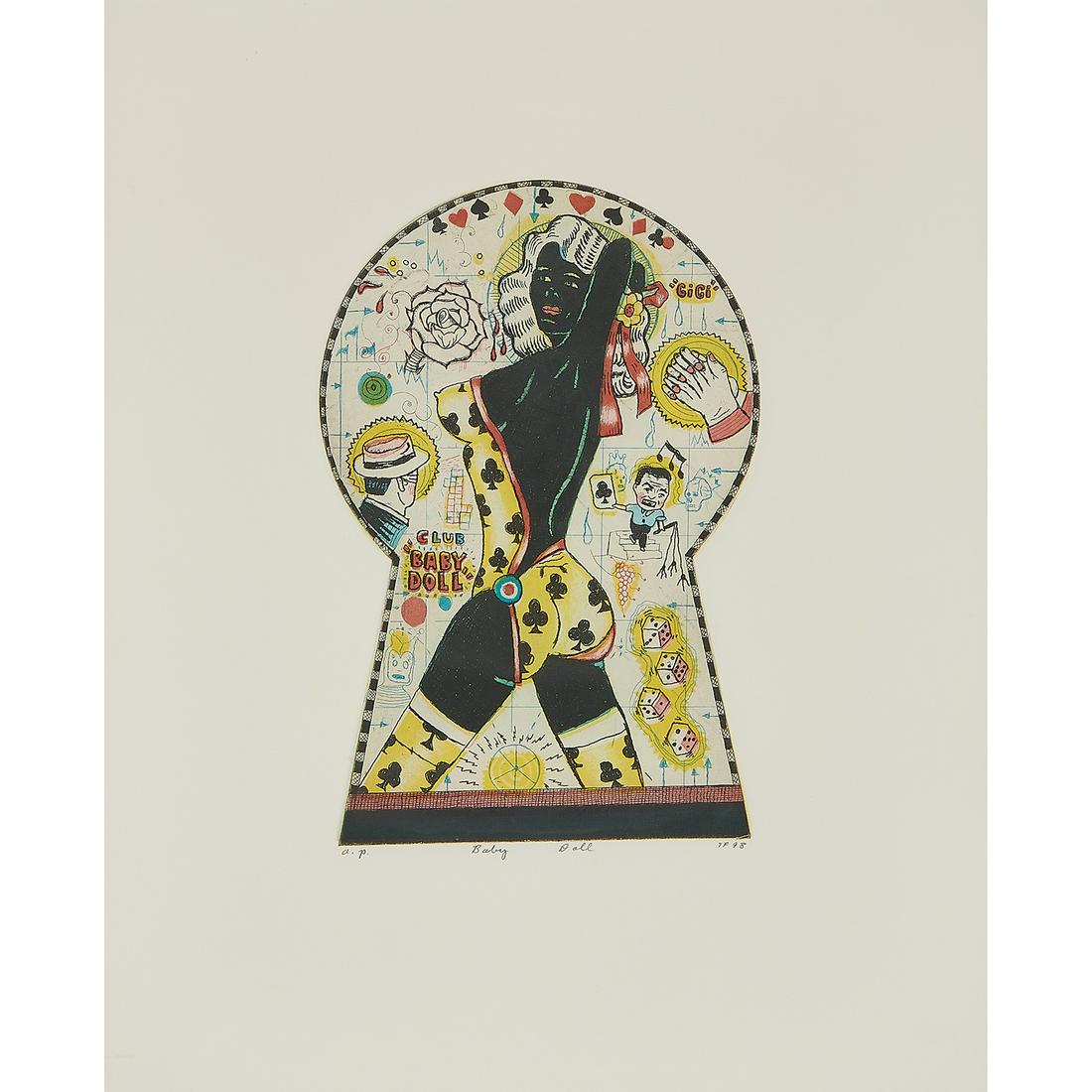 Tony Fitzpatrick, Baby Doll / Keyhole Cutie: Tony Fitzpatrick (American, b. 1958) Baby Doll (Keyhole Cutie), 1998 color etching signed, titled and numbered in pencil lower margin Artist's Proof 9 1/2" x 7"
