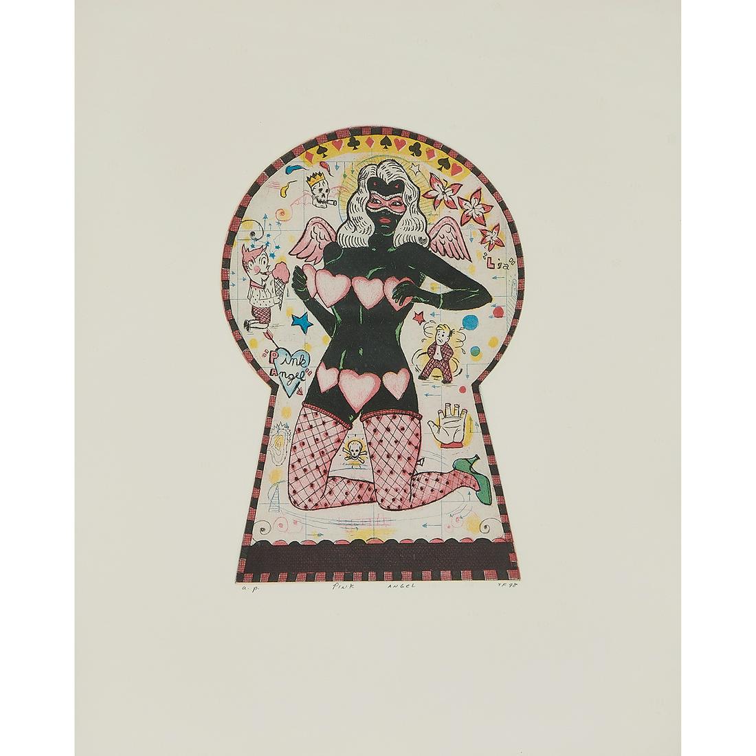 Tony Fitzpatrick, Pink Angel / Keyhole Cutie: Tony Fitzpatrick (American, b. 1958) Pink Angel (Keyhole Cutie), 1998 color etching signed, titled and numbered in pencil lower margin Artist's Proof 9 1/2" x 7"
