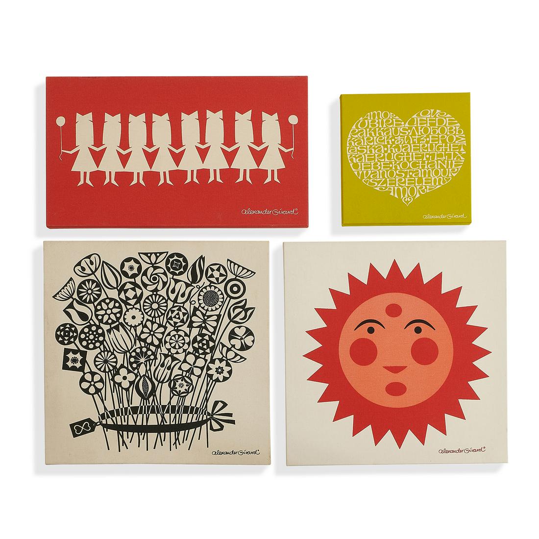 After Alexander Girard, 4 wall hangings: After Alexander Girard (1907-1993) for Urban Outfitters collection of wall hangings, four USA screenprint on cotton printed signature largest: 24"sq x 1 1/2"d