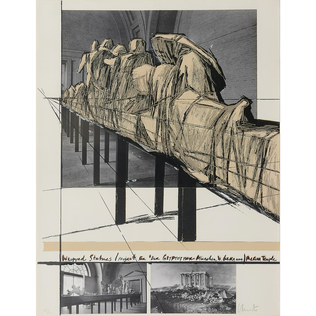 Christo & Jeanne-Claude, Wrapped Statues: Christo & Jeanne-Claude (Bulgarian/American, 1935-2020) (French/American, 1935-2009) Wrapped Statues, 1985 mixed media with collage on paper signed and numbered in pencil lower edge edition of 300 35
