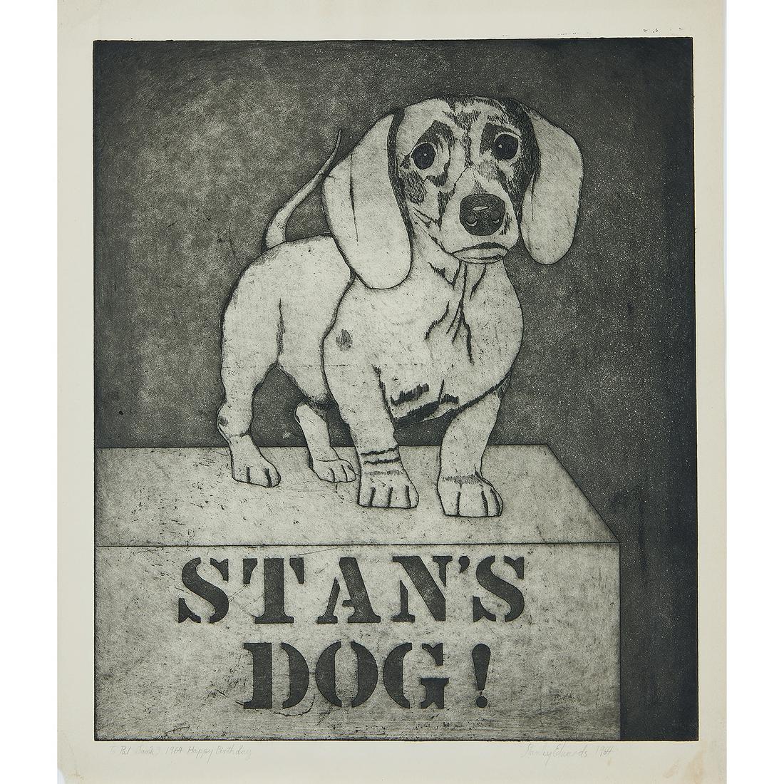 Stanley Edwards, Stan's Dog (Dachshund): Stanley Edwards (American, b. 1941) Stan's Dog (Dachshund), 1964 etching signed and dated lower right inscribed lower leftTo Pat, Jan 23, 1964 Happy Birthday 16" x 13 3/4"