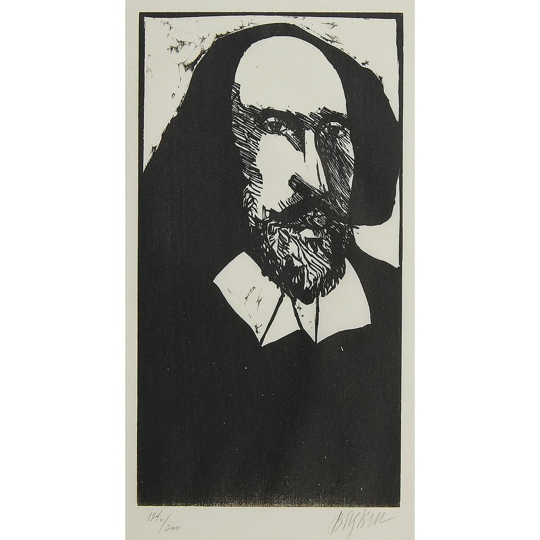 Leonard Baskin, The Bard: Leonard Baskin (American, 1992-2000) The Bard, 1973 woodcut signed and numbered in pencil lower margin edition of 200 12 11/16" x 6 3/4"