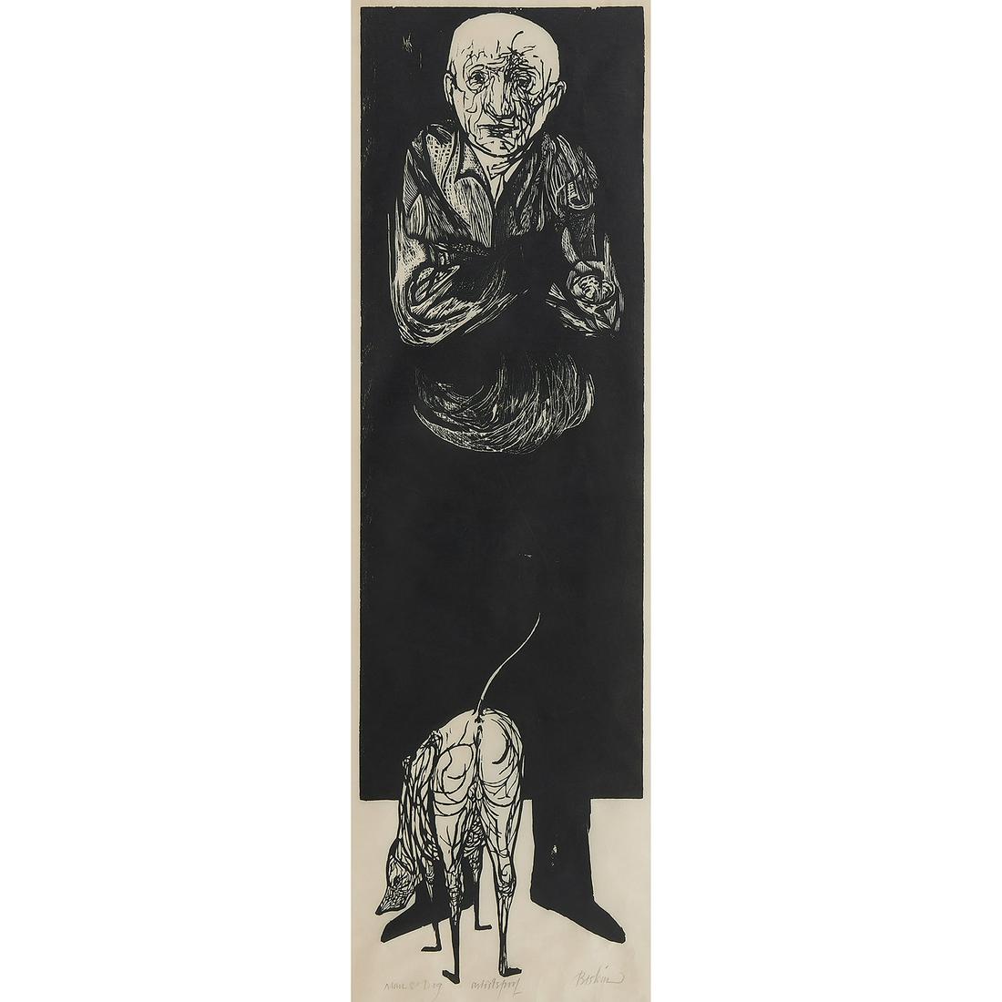 Leonard Baskin, Man with Dog: Leonard Baskin (American, 1992-2000) Man with Dog, 1953 woodcut signed and titled in pencil lower margin Artist's Proof 36" x 10 3/8"