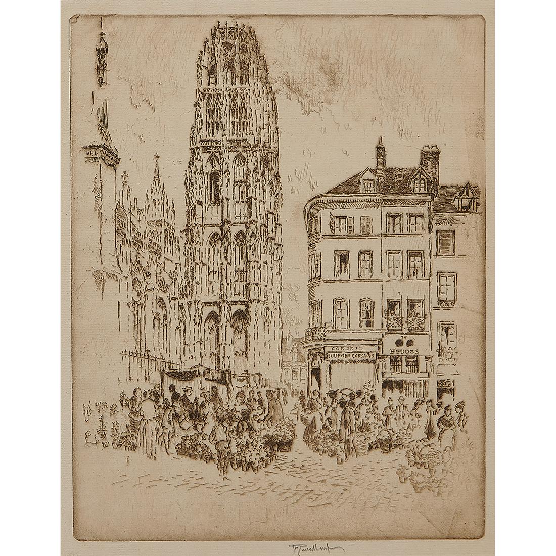 Joseph Pennell, Flower Market & Butter Tower: Joseph Pennell (American, 1857-1926) Flower Market and Butter Tower, Rouen, 1907 etching signed in pencil lower margin edition of 75 10 7/8" x 8 1/2"
