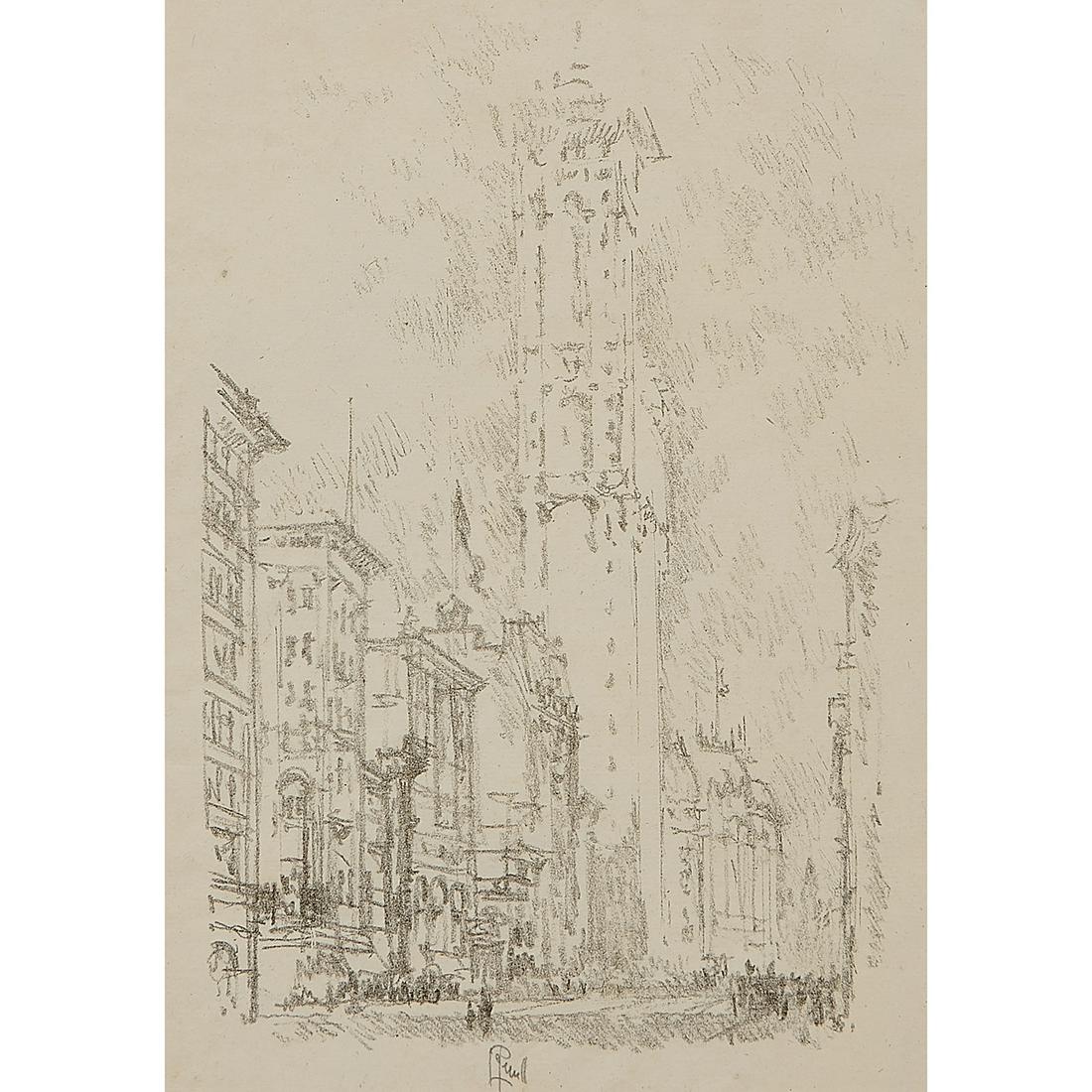 Joseph Pennell, The Times Building: Joseph Pennell (American, 1857-1926) The Times Building, 1904 lithograph signed in pencil center lower margin signed Skyscrapers, Broadway lower margin blindstamp lower left margin edition of 100<