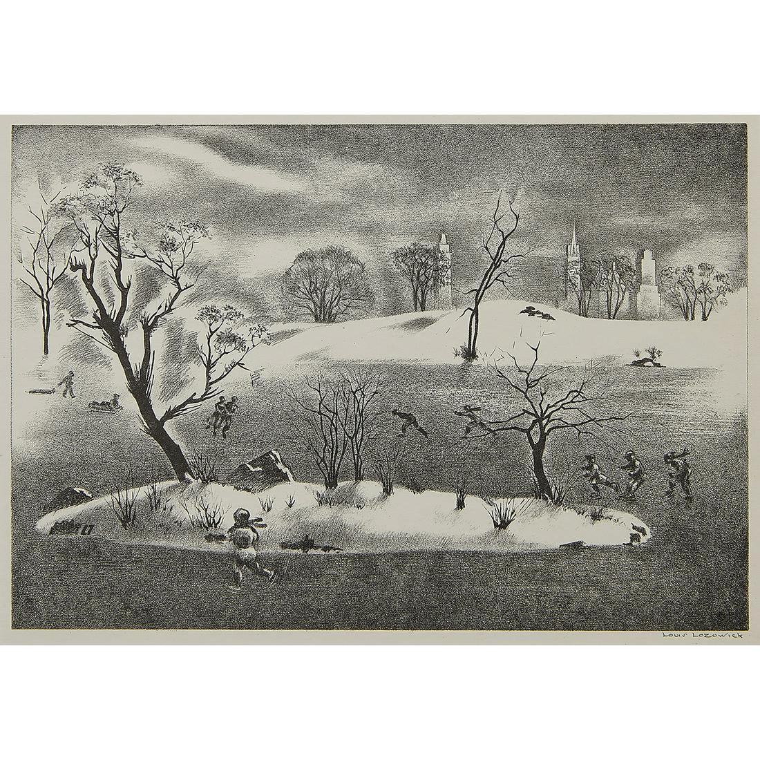 Louis Lozowick, Skater's Island, Central Park: Louis Lozowick (Russian/American, 1892-1973) Skater's Island, Central Park, 1937 lithograph signed in pencil lower margin, initialed in plate edition of 270 8 7/8" x 12 15/16"