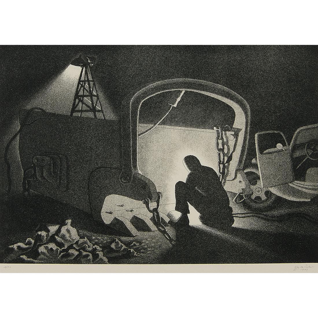 J. Jay McVicker, Arc Welder: J. Jay McVicker (American, 1911-2004) Arc Welder, 1943 aquatint and line engraving signed, dated and numbered in pencil lower margin Umbria Italia crown blindstamp lower left, other blindstamp upper r
