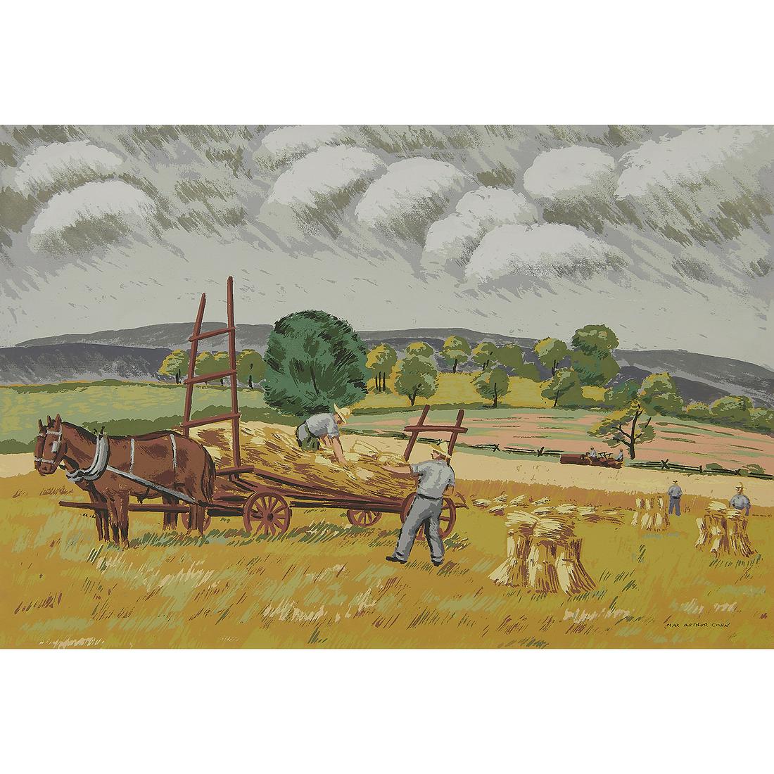 Max Arthur Cohn, Gathering Wheat: Max Arthur Cohn (British/American, 1903-1988) Gathering Wheat, 1934 color screenprint signed in print lower right, titled in pencil lower margin 13 5/8" x 20