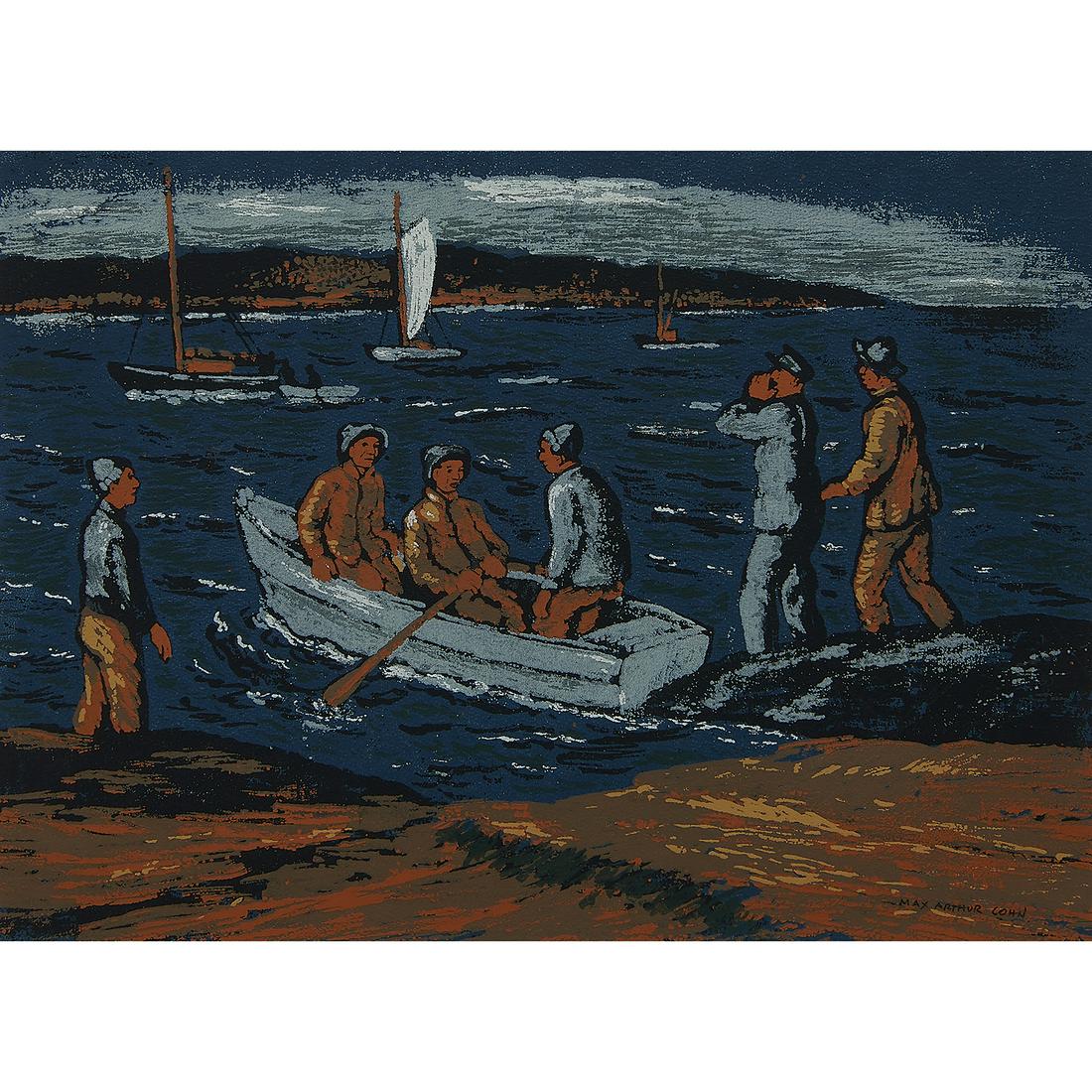 Max Arthur Cohn, Gloucester Fishermen: Max Arthur Cohn (British/American, 1903-1988) Gloucester Fishermen, 1945 color screenprint signed in pen lower right edition of 29 10" x 13 1/2"