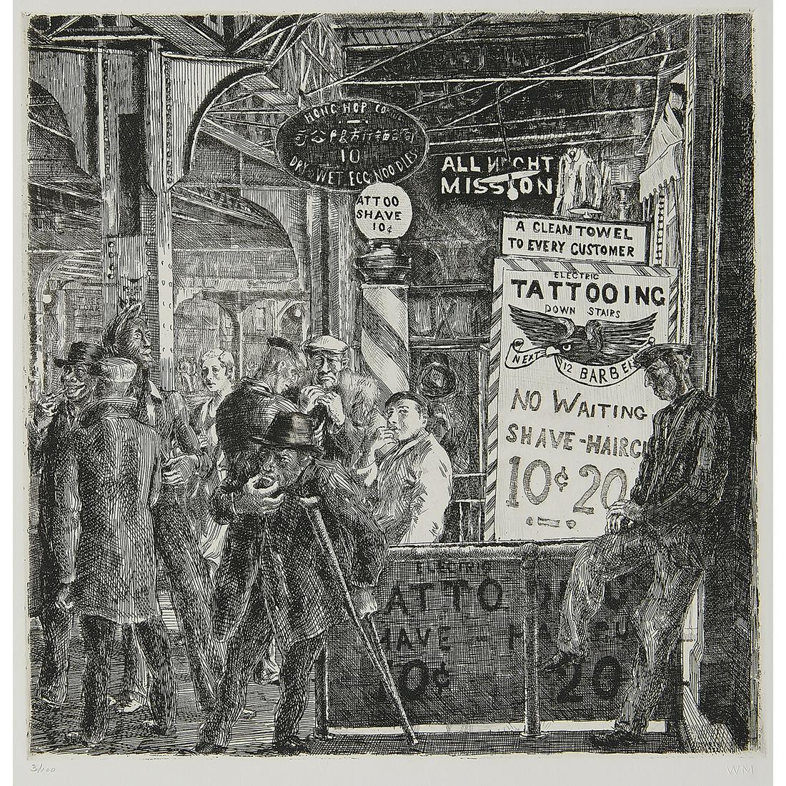 Reginald Marsh, Tattoo-Shave-Haircut: Reginald Marsh (American, 1898-1954) Tattoo-Shave-Haircut, 1932 copper etching numbered in pencil lower margin, signed and dated in plate lower right embossed WM lower right edition of 100 printed