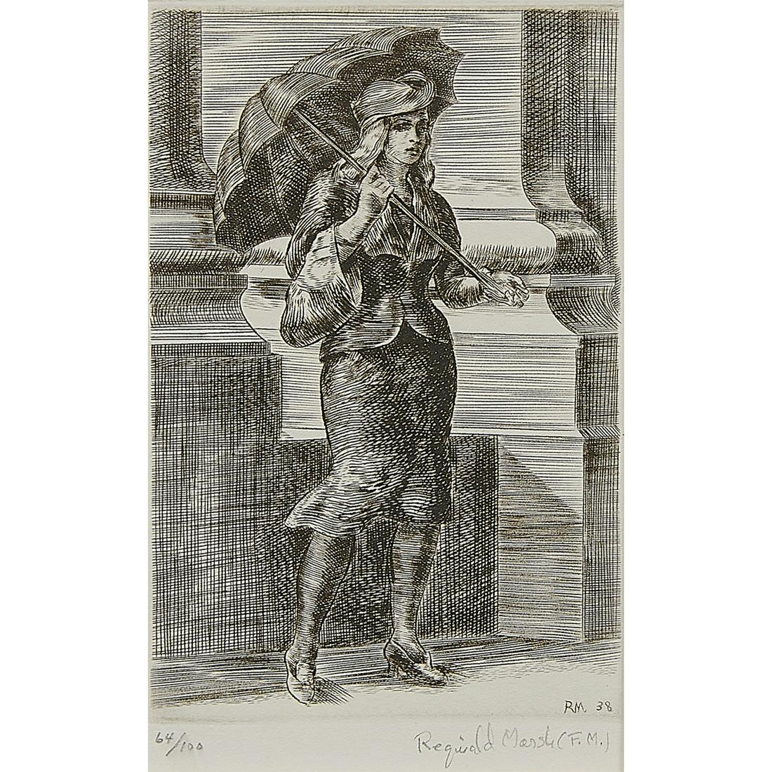 Reginald Marsh, Girl with Umbrella: Reginald Marsh (American, 1898-1954) Girl with Umbrella, 1938 engraving signed by Marsh's wife, Felicia, and numbered in pencil lower margin initialed and dated in plate edition of 100 second edition,