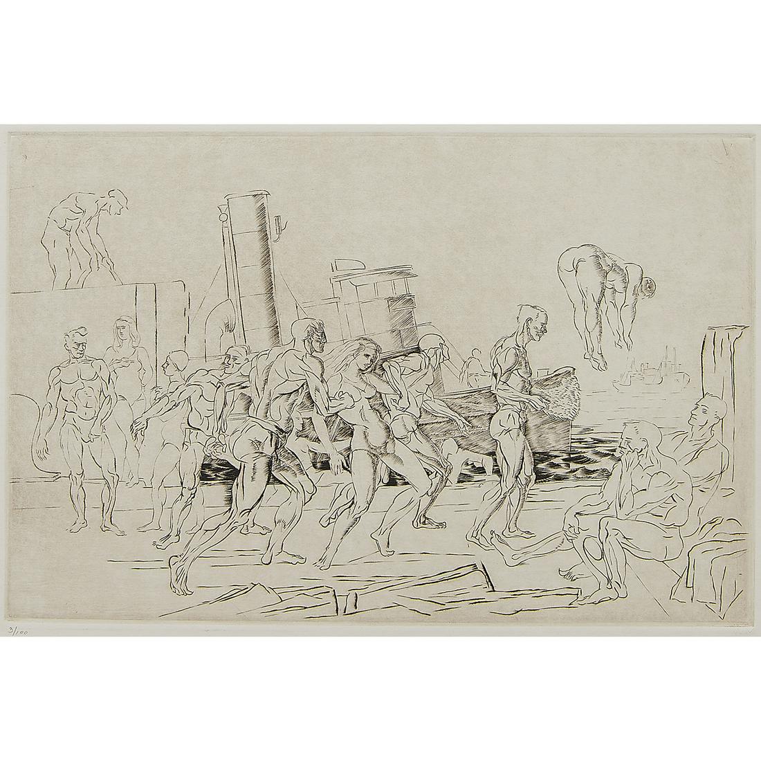 Reginald Marsh, Bathers in the Hudson: Reginald Marsh (American, 1898-1954) Bathers in the Hudson, 1941 engraving unsigned, initialed in pencil lower left margin embossed WM lower right margin edition of 100 printed by Whitney Museum o