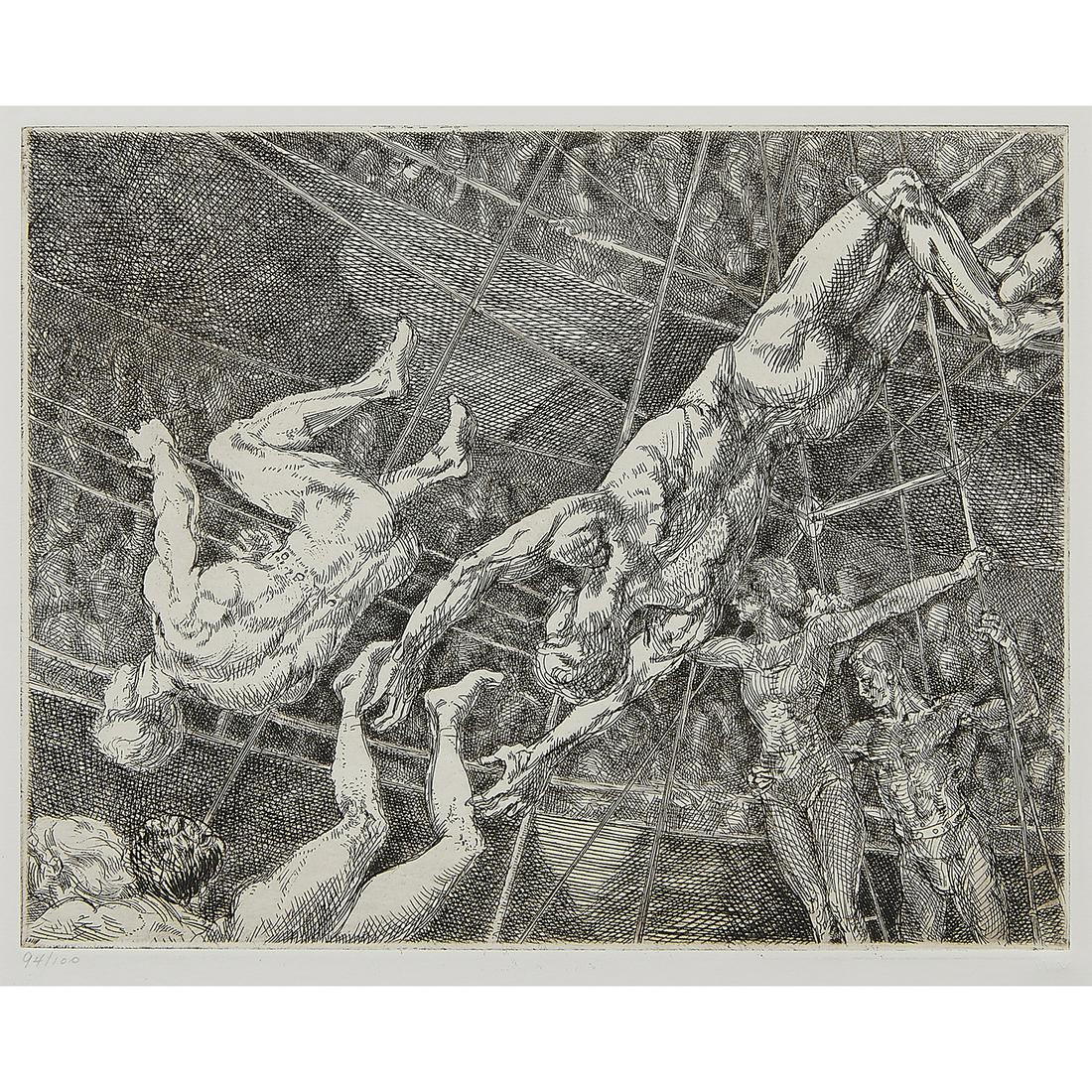 Reginald Marsh, Flying Concellos: Reginald Marsh (American, 1898-1954) Flying Concellos, 1936 etching and engraving numbered in pencil lower margin embossed WM lower right edition of 100 printed by Whitney Museum of American Art,