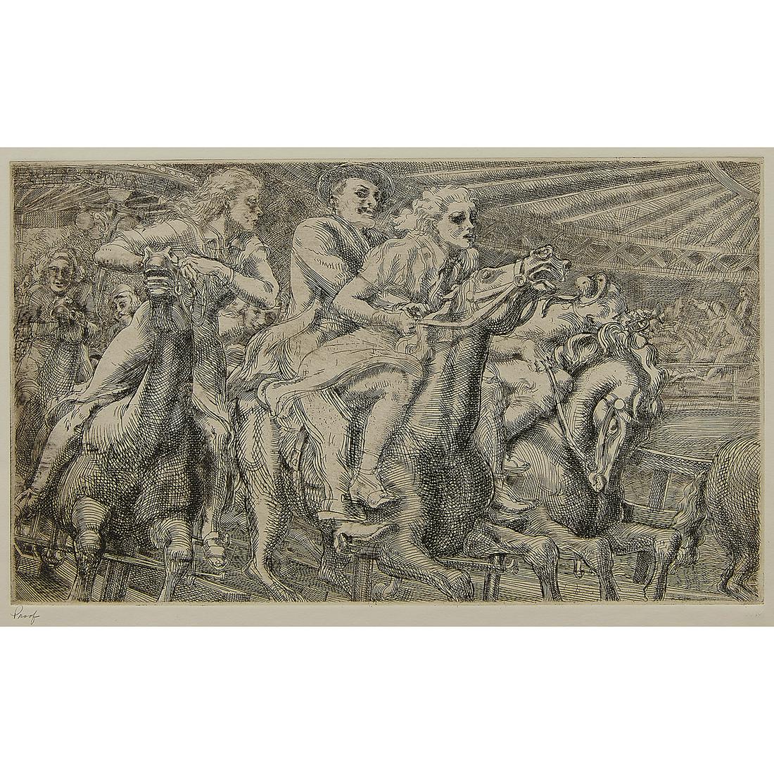 Reginald Marsh, Wooden Horses: Reginald Marsh (American, 1898-1954) Wooden Horses, 1936 etching and engraving unsigned, signed proof in pencil lower left margin embossed WM lower right margin edition of 14 proofs printed by Whi