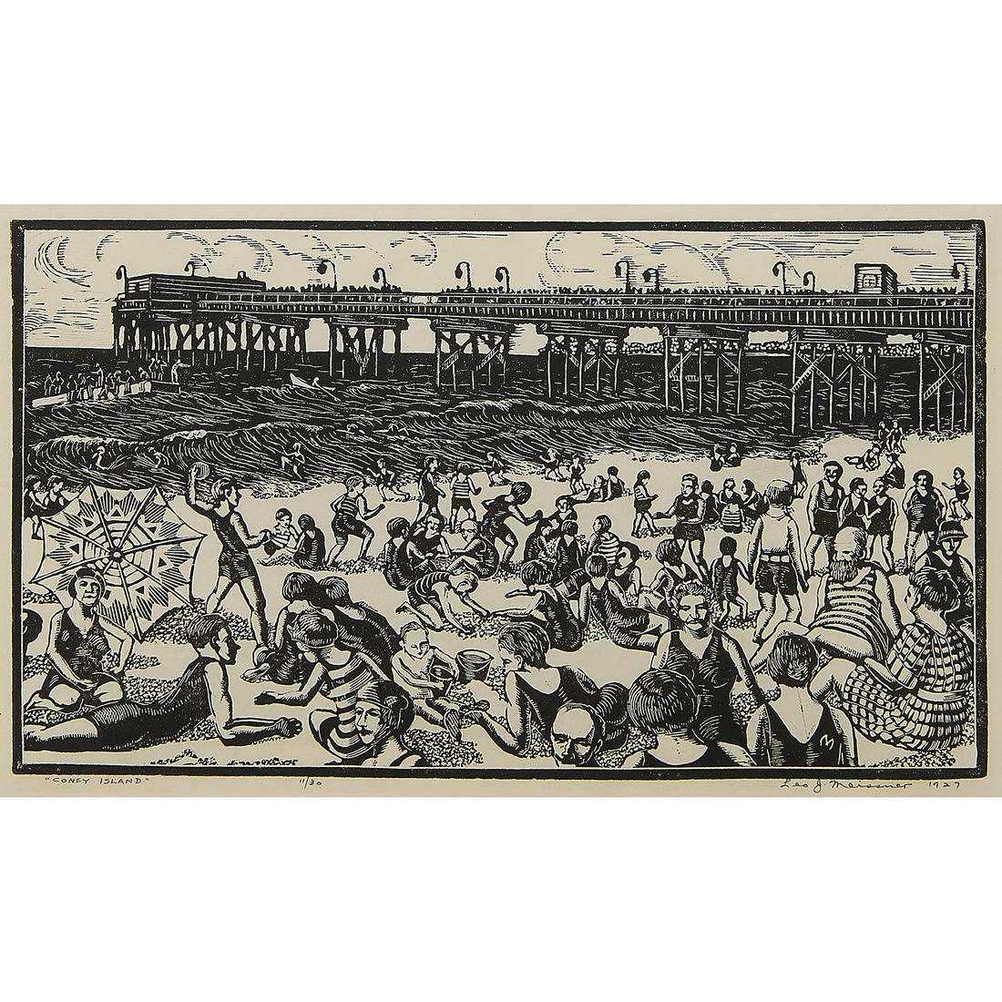 Leo John Meissner, Coney Island: Leo John Meissner (American, 1895-1977) Coney Island, 1927 linocut signed, dated, titled and numbered in pencil lower margin edition of 30 7" x 12 5/16"