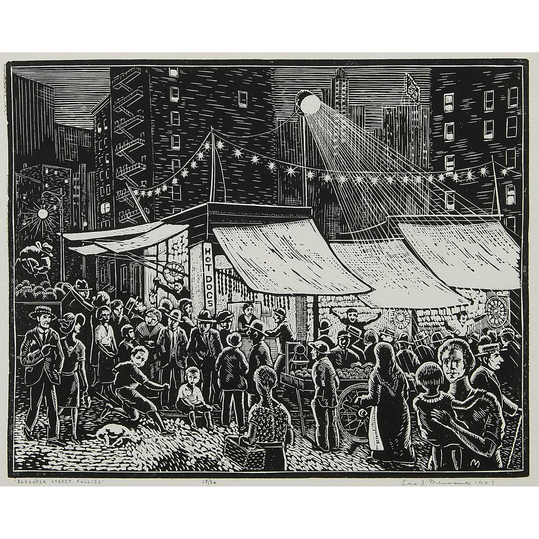 Leo John Meissner, Bleecker Street Follies: Leo John Meissner (American, 1895-1977) Bleecker Street Follies, 1927 linocut signed, titled, dated and numbered in pencil lower margin edition of 30 10 1/8" x 12 11/16"