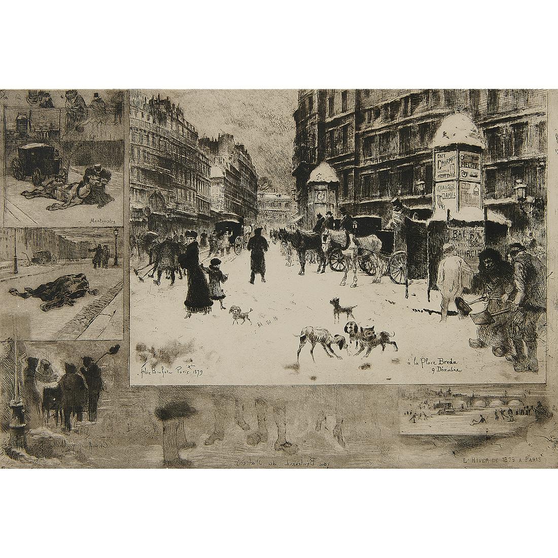 Felix Buhot, L'Hiver à Paris ou La Neige à: Felix Buhot (French, 1847-1898) L'Hiver à Paris ou La Neige à Paris, 1879 etching, aquatint, drypoint and roulette signed and dated in plate artist's monogram 25 and L'Art in plate