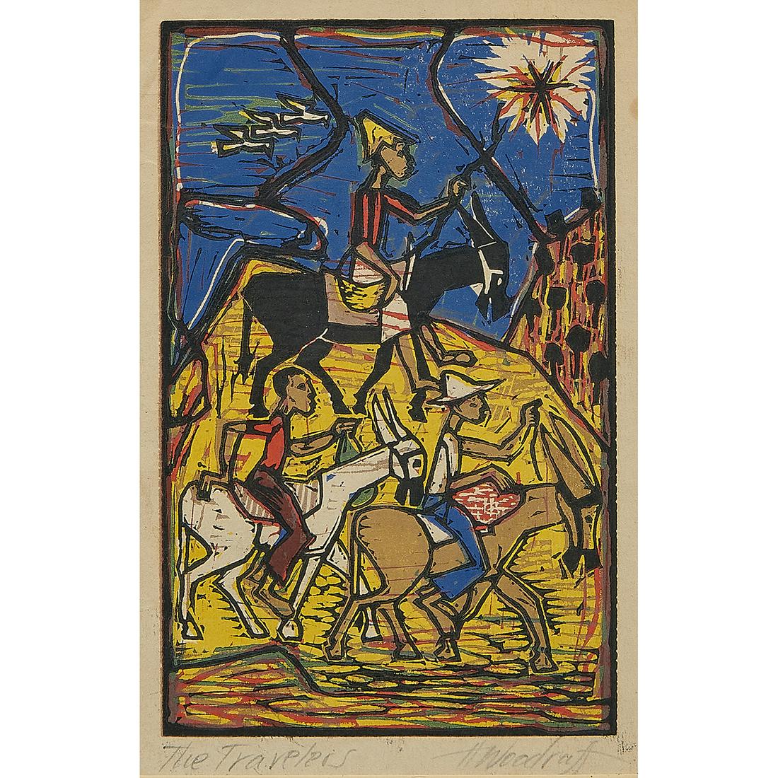 Hale Aspacio Woodruff, The Travelers: Hale Aspacio Woodruff (American, 1900-1980) The Travelers, circa 1935 color woodcut signed and titled lower margin 8" x 5" Provenance: Aaron Galleries, Chicago, Illinois, 12 May 2000 Acquired from th