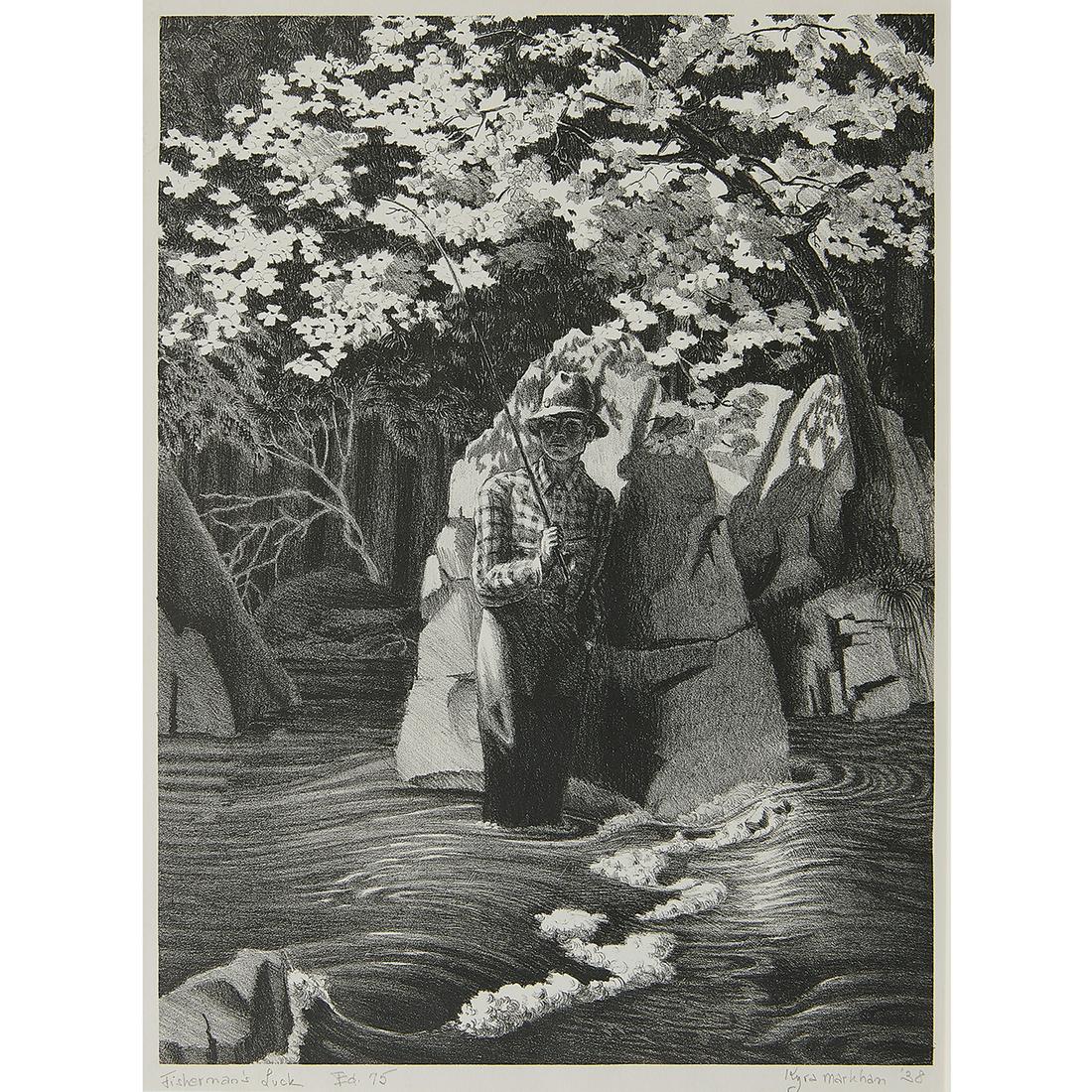 Kyra Markham, Fisherman's Luck: Kyra Markham (American, 1891-1967) Fisherman's Luck, 1938 lithograph signed, dated, titled and numbered in pencil lower margin edition of 75 13 5/16" x 9 13/16"