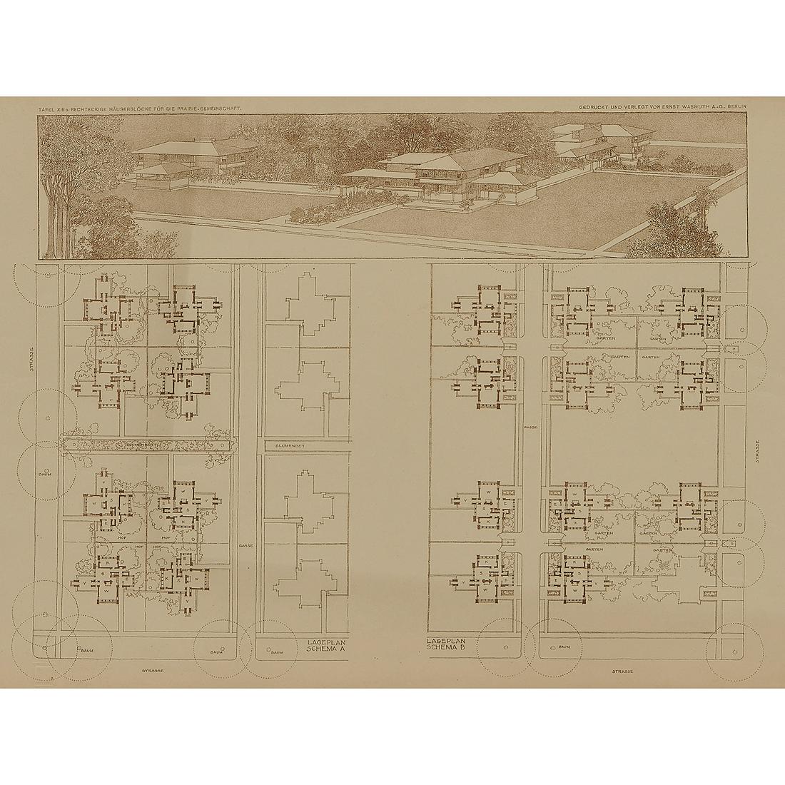 Frank Lloyd Wright, Wasmuth Portfolio print: Frank Lloyd Wright (1867-1959) Wasmuth Portfolio print: plate number XIIIa (13a) Berlin, Germany, 1911 lithograph embossed stamp lower left 25"w x 16"h