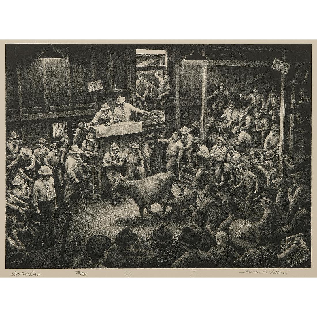 Jackson Lee Nesbitt, Auction Barn: Jackson Lee Nesbitt (American, 1913-2008) Auction Barn, 1989 lithograph signed, titled and numbered in pencil lower margin embossed stamps lower center Artist's Proof edition of 30 12 5/8" x 17 1/8"