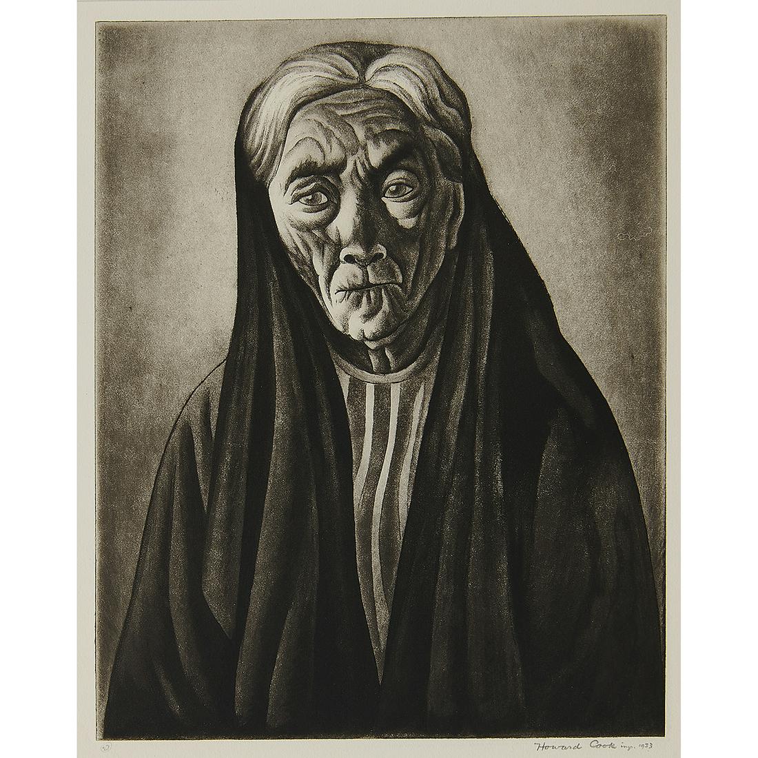 Howard Norton Cook, Old Woman of Taxco: Howard Norton Cook (American, 1901-1980) Old Woman of Taxco, 1933 etching and aquatint signed and dated in pencil lower margin inscribed imp. edition of 27 11 7/8" x 8 15/16" Catalog Note: