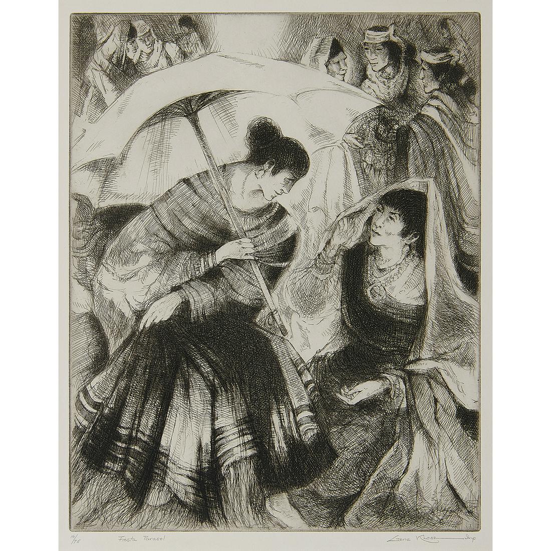 Gene Kloss, Fiesta Parasol: Gene Kloss (American, 1903-1996) Fiesta Parasol, 1969 etching signed, titled and numbered in pencil lower margin edition of 75 13 5/8" x 10 7/8"