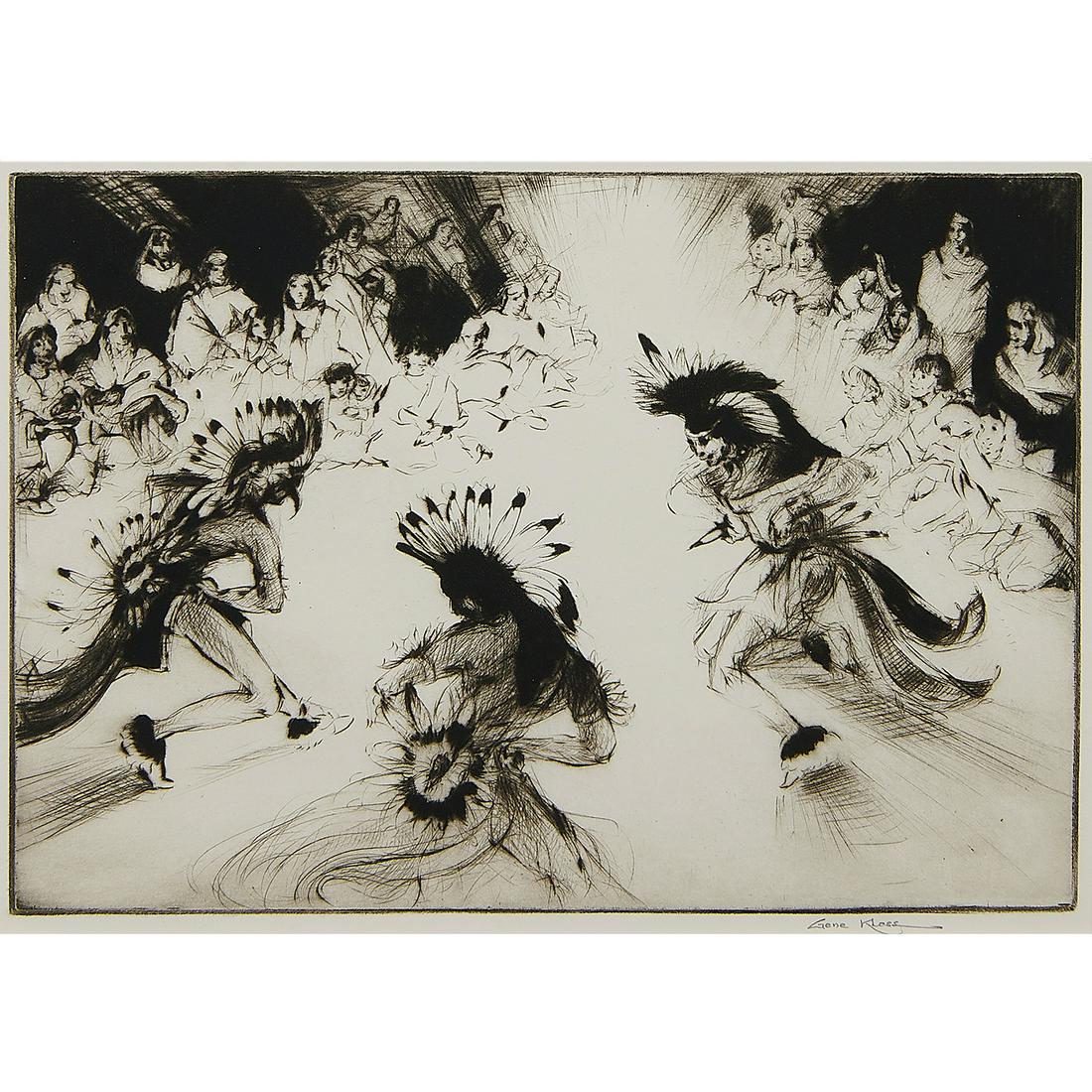 Gene Kloss, Indian Friendship Dance: Gene Kloss (American, 1903-1996) Indian Friendship Dance, 1953 drypoint and aquatint signed in pencil lower margin edition of 200 8 1/4" x 11 7/8"