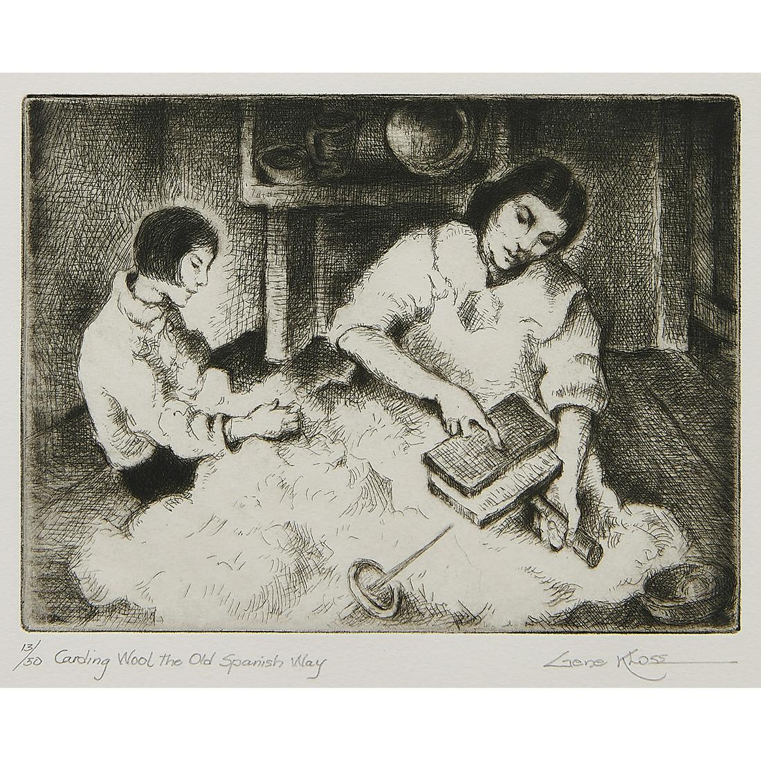 Gene Kloss, Carding Wool the Old Spanish Way: Gene Kloss (American, 1903-1996) Carding Wool the Old Spanish Way, 1985 etching and drypoint signed, titled and numbered in pencil lower margin edition of 50 6" x 8"