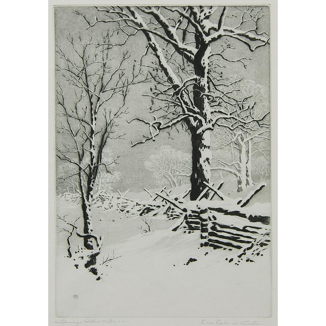 George Elbert Burr, Oaks in Winter: George Elbert Burr (American, 1859-1939) Oaks in Winter, 1920 etching and drypoint signed and titled in pencil lower margin, initialed in plate lower left 9 7/8" x 6 7/8"