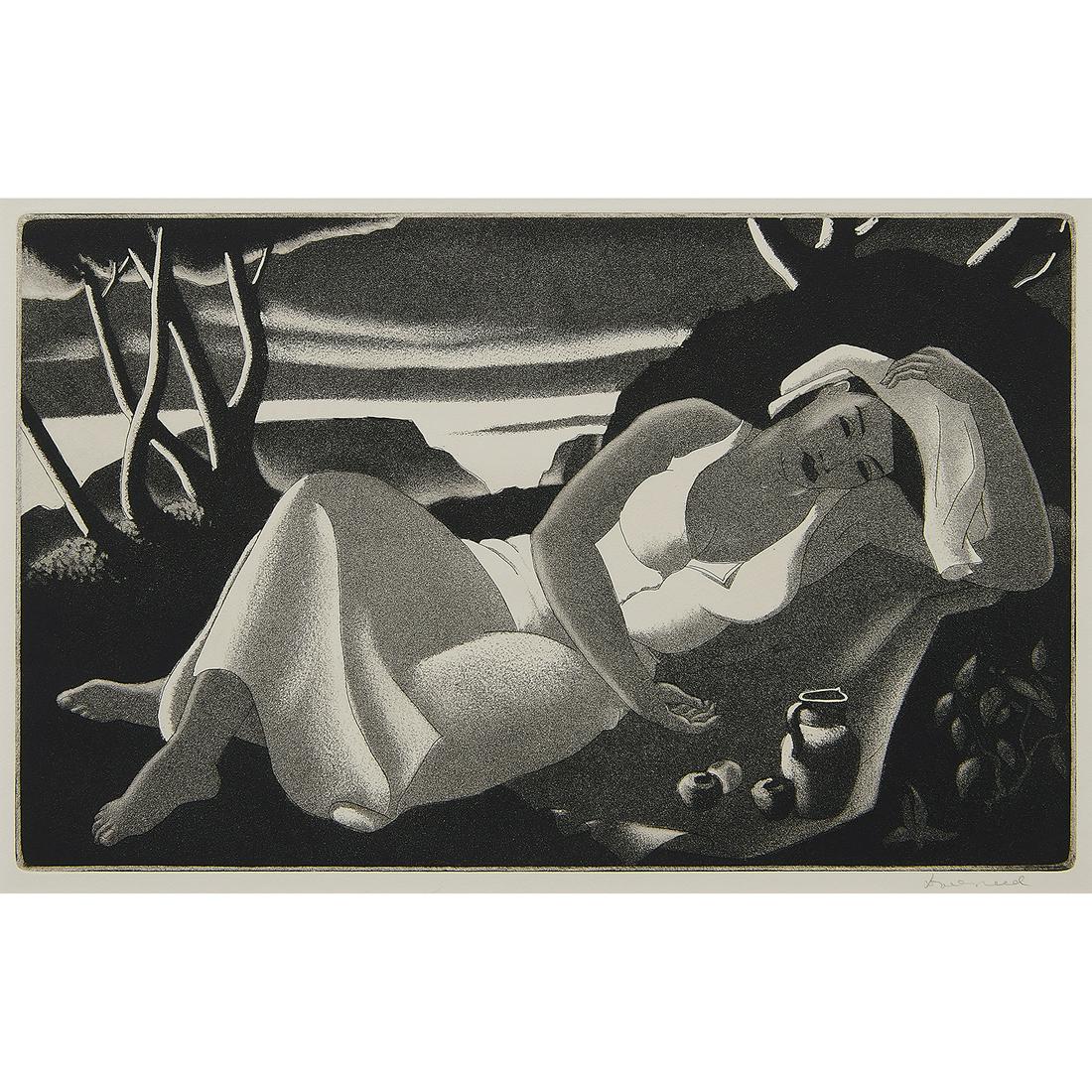 Doel Reed, Rest: Doel Reed (American, 1894-1985) Rest, 1941 etching and aquatint signed in pencil lower margin edition of 25 9 3/16" x 14 13/16" Provenance: Madeleine Fortunoff, Locust Valley, New York Catalog