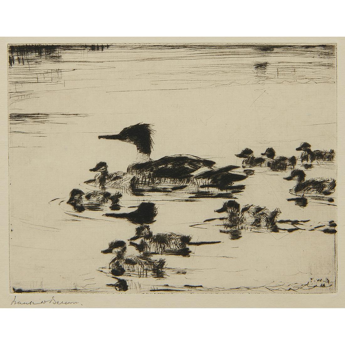 Frank Weston Benson, Sheldrake's Brood: Frank Weston Benson (American, 1862-1951) Sheldrake's Brood, 1926 drypoint signed and titled in pencil lower margin edition of 150 4 3/8" x 5 7/8"