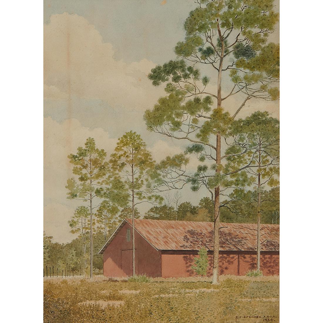 Robert C. Spencer, Red Barn and Pine Trees (1 of 2)