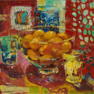 Carol Stewart, Still Life with Oranges & Glasses: Carol Stewart (American, b. 1959) Still Life with Oranges and Glasses oil on panel signed lower left 12" x 12"