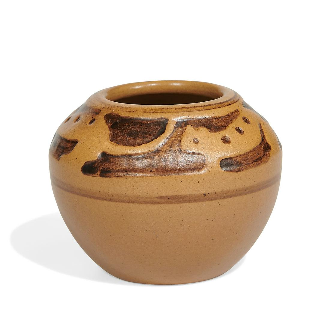 Julia Mattson, North Dakota School of Mines vase: Julia Mattson (1893-1967) for University of North Dakota (UND) School of Mines small earthenware vase with spotted cats encircling the shoulder Grand Forks, North Dakota, circa 1943 matte glazed ceram