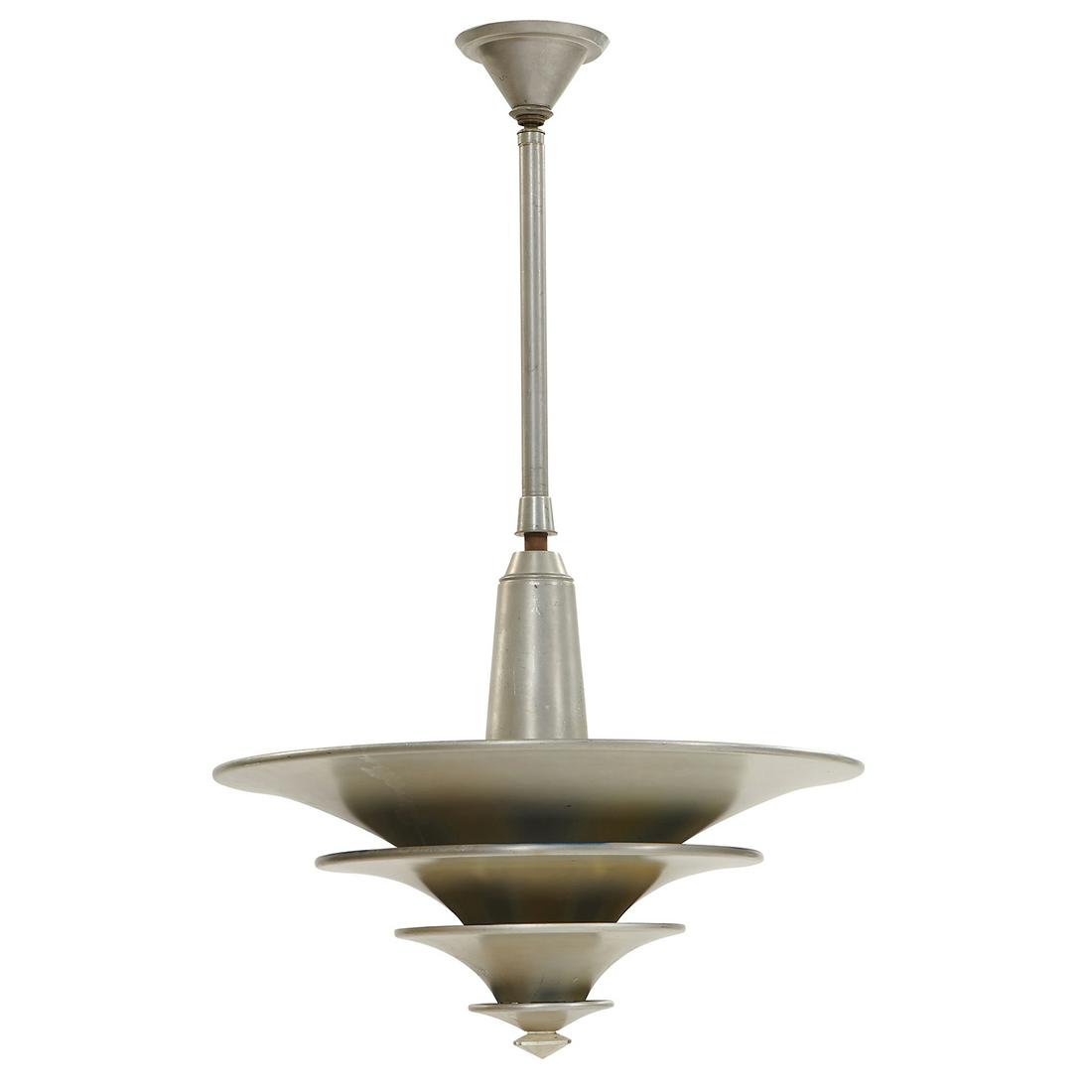 Leroy C. Doane Pagoda ceiling pendant lamp: Leroy C. Doane (1888-1969) for The Miller Co. Pagoda pendant lamp Meriden, Connecticut, circa 1928 aluminum, glass sticker label to ceiling cap 20 1/4"dia x 32"h Provenance: The Estate of Michael Rabk