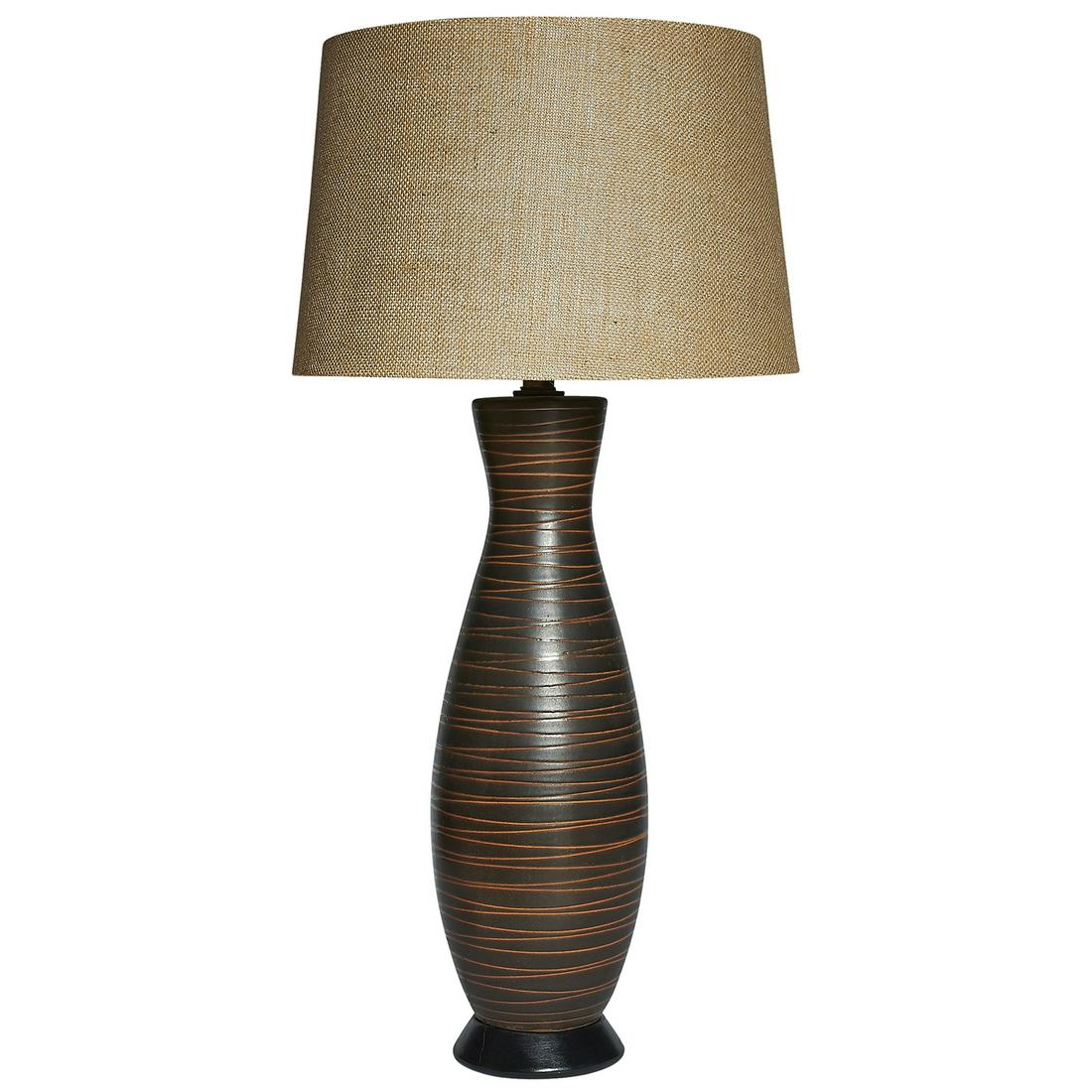 Lee Rosen for Design Technics table lamp: Lee Rosen for Design Technics table lamp USA, 1950s glazed and incised ceramic, wood, brass base: 6 1/2"dia x 20 1/2"h; overall (with shade): 15"dia x 31"h