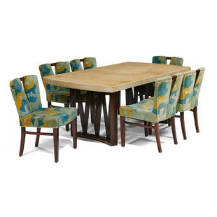 Paul Frankl for Johnson Furniture dining set: Paul T. Frankl (1886-1958) for Johnson Furniture Co. dining set: table with six dining chairs Grand Rapids, Michigan, 1940s cork, lacquered mahogany, upholstery branded mark Set includes an extendable